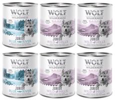 6 x 800 g míchaná balení - Wolf of Wilderness - 6 x 800  4x kachní & telecí, 2x kuřecí & losos