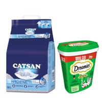 Catsan Hygiene Plus stelivo, 18 l + Dreamies 2 x 350 g - 15 % sleva - stelivo pro kočky 18 L + s catnipem (2 x 350 g)