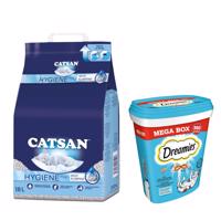 Catsan Hygiene Plus stelivo, 18 l + Dreamies 2 x 350 g - 15 % sleva - stelivo pro kočky 18 L + s lososem (2 x 350 g)