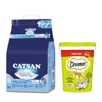 Catsan Hygiene Plus stelivo, 18 l + Dreamies 2 x 350 g - 15 % sleva - stelivo pro kočky 18 L + s tuňákem (2 x 350 g)