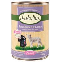 Lukullus Junior konzervy a granule - 15 % sleva - Junior krůtí srdce & jehněčí 6 x 400 g