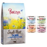 Purizon granule 6,5 kg + Purizon konzervy 6 x 200 g zdarma - Single Meat losos s květy chrpy + míchané balení