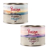 Purizon Organic výhodné balení 24 x 200 g - míchané balení: 12 x kachna s kuřecím, 12 x losos s kuřecím
