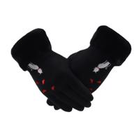 Semišové rukavice s vyšitou kočkou a kožešinkou - různé barvy Barva: černá