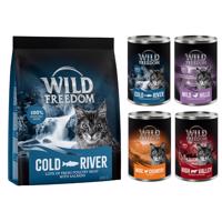Wild Freedom 12 x 400 g + granule 400 g za skvělou cenu - Smíšené balení II (2 x kuřecí, 2 x treska, hovězí, kachní) + Adult "Cold River" - losos bez obilovin