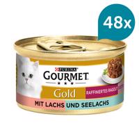 Krmivo pro kočky značky GOURMET Gold Rafinované ragú Duetto s lososem a treskou tmavou 48 × 85 g