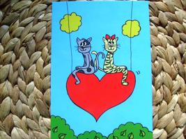 Pohled kreslená kočka Číslo: kočka, kocour a srdce