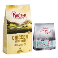 Purizon granule, 12 kg + 1,8 kg Single Meat zdarma - Adult kuřecí s rybou - bez obilovin  + Single Meat Adult losos a špenát s květy chrpy (6 x 300 g)