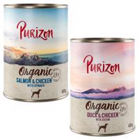 Purizon Organic výhodné balení 12 x 400 g - míchané balení: 6 x kachna s kuřecím, 6 x losos s kuřecím