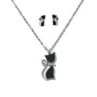 Set náušnice a náhrdelník černá kočka - chirurgická ocel