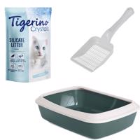 Startovací sada pro koťata: kočkolit Tigerino Crystals + toaleta Savic + lopatka - 5 l kočkolit + toaleta zelená + lopatka světle šedá