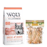 Wolf of Wilderness granule, 12 kg + Lukullus  žvýkací kost 750 g zdarma - Adult "Great Desert" - krůta 12 kg + Bigpacks žvýkací kost (750 g) kuřecí 15 cm