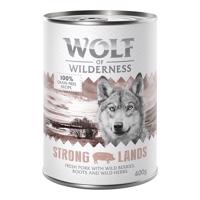 Wolf of Wilderness konzervy, 12 x 400 g - 10 + 2 zdarma - NOVÉ: Strong Lands - vepřové  Adult