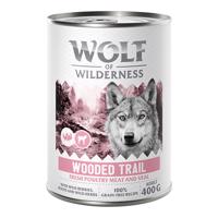 Wolf of Wilderness konzervy, 24 x 400 g - 20 + 4 zdarma - Adult Wooded Trails - drůbež s telecím spoustou čerstvé drůbeže