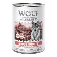 Wolf of Wilderness konzervy, 24 x 400 g - 20 + 4 zdarma - Senior Muddy Routes - drůbež s vepřovým spoustou čerstvé drůbeže